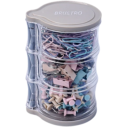 Brustro Deskmate Rotational Clip Box, 1 pc (14 Binder Clips 19 mm, 120 Paper Clips 28 mm & 90 Push Pins)
